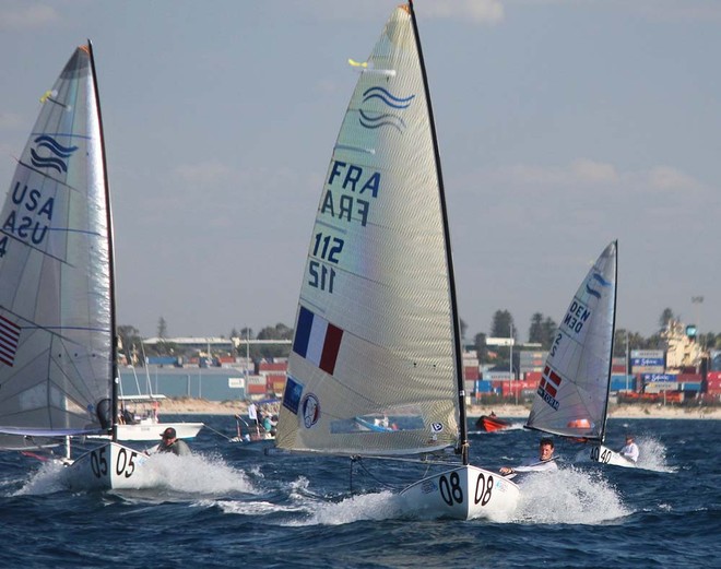 Jonathan Lobert passes Zach Railey - Perth 2011 ISAF Sailing World Championships - Finn Gold Cup © Robert Deaves/Finn Class http://www.finnclass.org